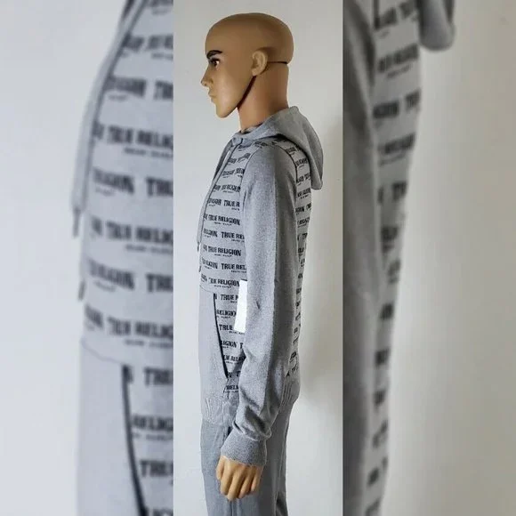 TRUE RELIGION LOUNGEWEAR HODDIE MEN ALLOVER PRINT SCRIPT REPEAT LOGO SIZE S GREY - Picture 8 of 11